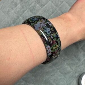Vintage Plastic Bangle Bracelet, Black, Floral, Tapestry, Retro, Boho